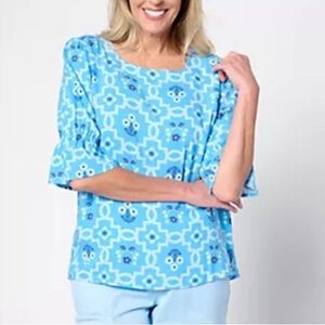 Denim & Co. Square Neckline Printed Ruffle Sleeve Blouse Sleeve Blouse
L Azure